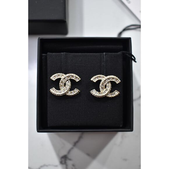 Chanel REV Gold Transparent Crystal CC Logo Classic Statement Stud Drop Earrings - Picture 7 of 11